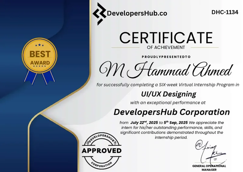 UI/UX Design Internship Certificate - Hammad Ahmed